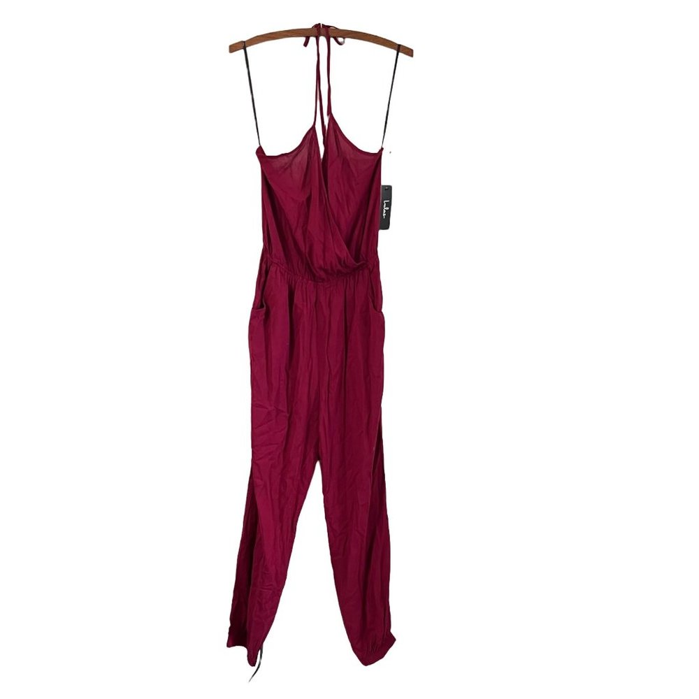 Lulus Womens Burgundy Halter Open Back Jumpsuit Size Large
